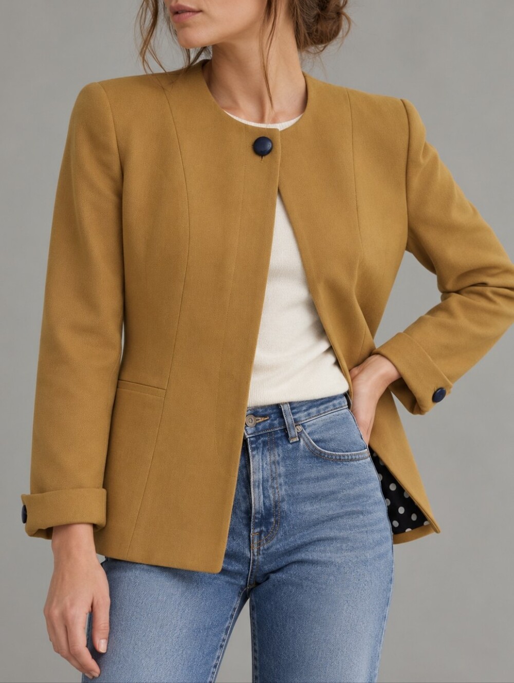 Vintage Christian Dior Mustard Wool Blazer Polka Dot Lining Womens Size 2